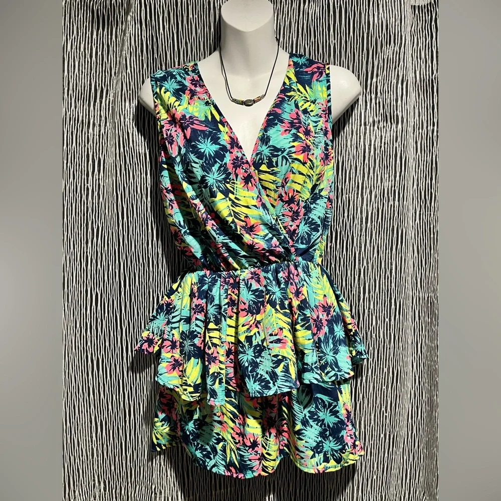 Charlotte Russe Tropical Print Skort Dress- Blue, Pink, Yellow